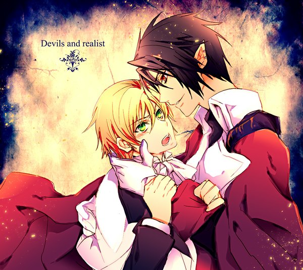 Anime picture 1000x892 with makai ouji: devils and realist doga kobo william twining dantalion (makai ouji) blush short hair black hair blonde hair red eyes green eyes profile pointy ears multiple boys couple hug face to face boy gloves earrings 2 boys