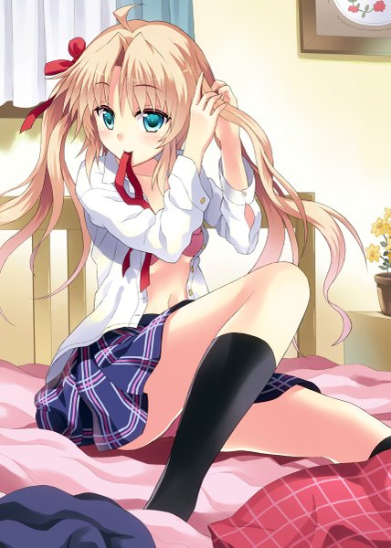Anime picture 857x1200 with original moe2013 rasahan (artist) single long hair tall image looking at viewer blush light erotic smile sitting holding ahoge aqua eyes open clothes open shirt mouth hold adjusting hair tying hair ribbon in mouth