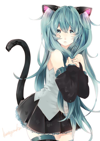 Anime picture 889x1249 with vocaloid hatsune miku kuronyanko single long hair tall image looking at viewer highres simple background white background twintails animal ears tail nail polish animal tail aqua eyes cat ears aqua hair cat tail thighhighs