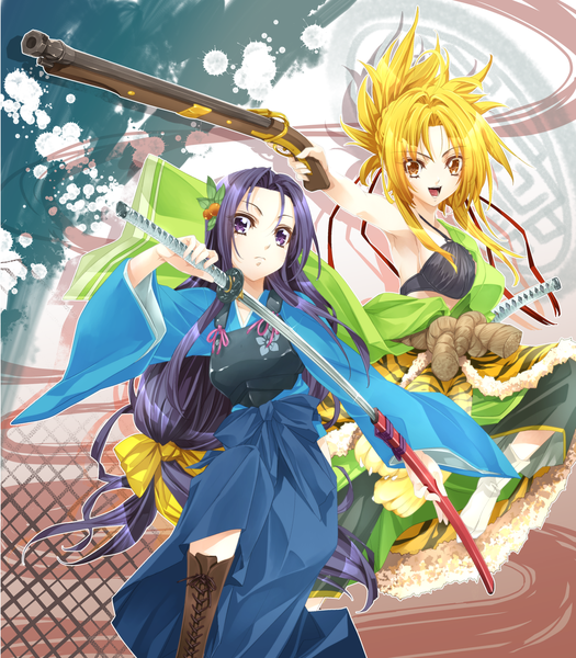 Anime picture 1400x1599 with oda nobuna no yabou oda nobuna akechi mitsuhide (oda nobuna no yabou) ichikawa ryuunosuke long hair tall image open mouth blonde hair purple eyes multiple girls brown eyes purple hair traditional clothes japanese clothes girl weapon 2 girls sword boots katana