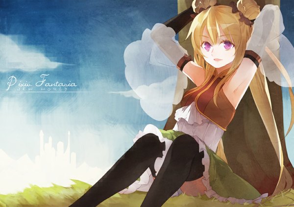 Anime picture 1050x740 with pixiv fantasia new world shiin (artist) single long hair looking at viewer open mouth blonde hair sitting purple eyes bare shoulders armpit (armpits) hair bun (hair buns) arms behind head girl thighhighs skirt gloves black thighhighs plant (plants) tree (trees)