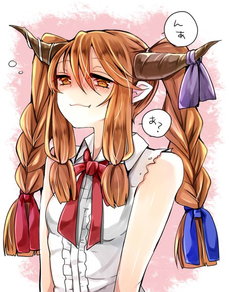 Anime picture 1000x1272 with touhou ibuki suika mimoto (aszxdfcv) single long hair tall image blush smile brown hair bare shoulders brown eyes braid (braids) horn (horns) teeth fang (fangs) twin braids alternate hairstyle girl ribbon (ribbons) hair ribbon