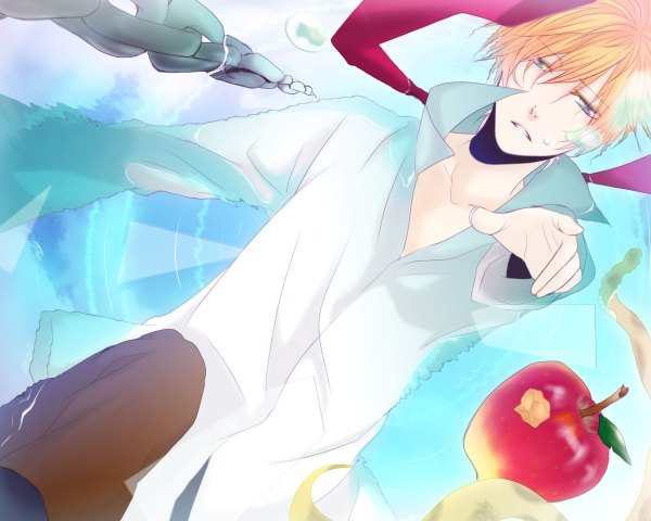 Anime picture 1200x960 with vocaloid out of eden (vocaloid) kagamine len single blue eyes blonde hair lying pointing boy water chain bubble (bubbles) fruit apple