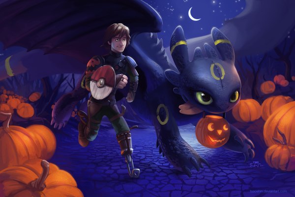 Anime picture 1500x1000 with pokemon how to train your dragon nintendo dreamworks toothless hiccup horrendous haddock iii tsaoshin short hair brown hair signed night halloween crescent running boy plant (plants) animal tree (trees) moon vegetables