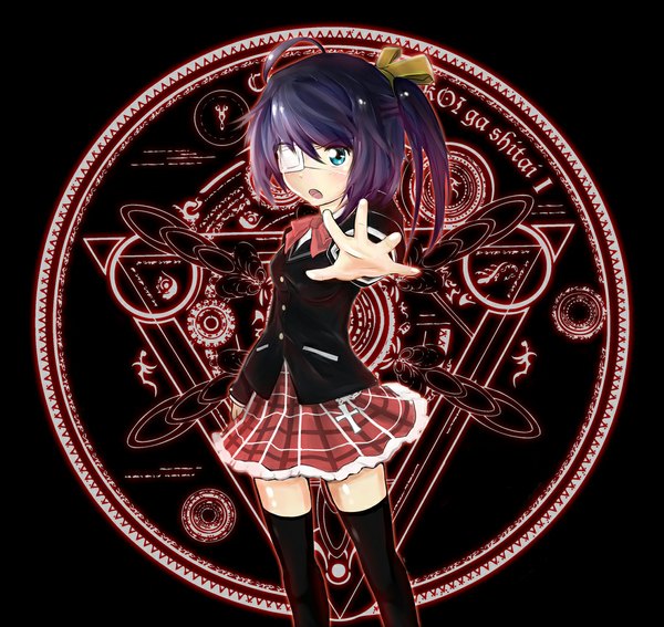 Anime picture 1122x1061 with chuunibyou demo koi ga shitai! kyoto animation takanashi rikka nullnat single looking at viewer blush short hair open mouth blue eyes blue hair ahoge zettai ryouiki one side up outstretched arm magic black background plaid skirt outstretched hand girl