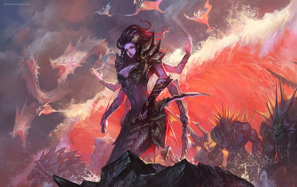 Anime picture 1600x1011 with world of warcraft blizzard entertainment lady vashj chenbo long hair breasts holding sky cloud (clouds) lips inscription midriff group flying dual wielding rock mutation girl navel weapon