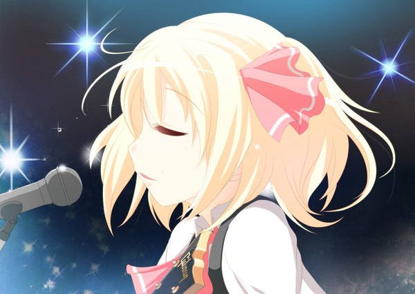 Anime picture 1524x1080 with touhou rumia koji (kohei66) single short hair blonde hair eyes closed girl ribbon (ribbons) hair ribbon microphone guitar