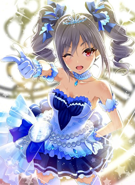 Anime picture 730x1000 with idolmaster idolmaster cinderella girls idolmaster cinderella girls starlight stage kanzaki ranko urabi (tomatohouse) single long hair tall image blush open mouth red eyes twintails one eye closed wink grey hair drill hair starry sky bright girl dress gloves