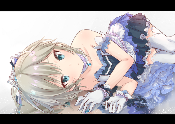 Anime picture 1063x753 with idolmaster idolmaster cinderella girls idolmaster cinderella girls starlight stage anastasia (idolmaster) takeashiro single looking at viewer blush fringe short hair blue eyes bare shoulders silver hair ahoge bent knee (knees) lying zettai ryouiki letterboxed starry sky bright girl