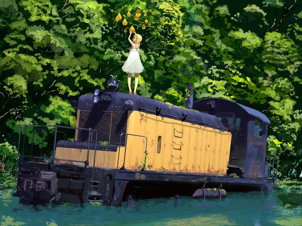 Anime picture 1024x768 with souldeep blonde hair standing twintails bare shoulders barefoot bare legs scenic pear tree girl dress plant (plants) tree (trees) water white dress fruit ground vehicle forest train pear