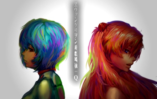 Anime picture 3694x2334 with neon genesis evangelion gainax soryu asuka langley ayanami rei shuyinnosi long hair fringe highres short hair open mouth blue eyes red eyes multiple girls absurdres multicolored hair lips inscription girl hair ornament 2 girls