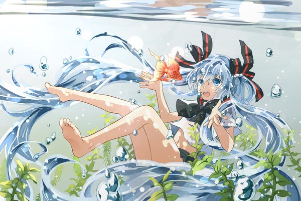 Anime picture 1400x936 with vocaloid hatsune miku bottle miku natural wind single blue eyes twintails blue hair very long hair barefoot legs underwater liquid hair girl skirt ribbon (ribbons) hair ribbon miniskirt serafuku bubble (bubbles)