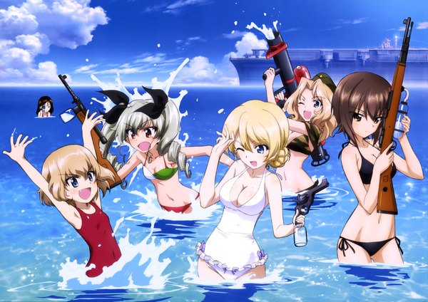 Anime picture 4091x2893 with girls und panzer darjeeling (girls und panzer) anchovy (girls und panzer) katyusha (girls und panzer) nishizumi maho nonna (girls und panzer) kay (girls und panzer) long hair highres short hair breasts open mouth blue eyes blonde hair brown hair twintails multiple girls brown eyes absurdres sky
