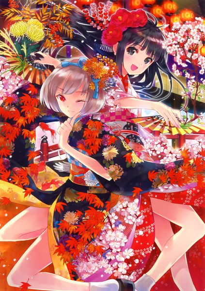 Anime picture 3243x4601 with original eshi 100-nin ten kasukabe akira long hair tall image blush highres short hair black hair red eyes multiple girls absurdres silver hair traditional clothes japanese clothes one eye closed wink black eyes cherry blossoms girl