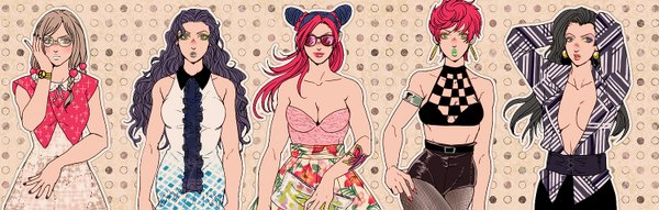 Anime picture 1500x479 with jojo no kimyou na bouken jojolion kujo jolyne trish una hirose yasuho lisa lisa yamagishi yukako denden (denchankumatan) long hair looking at viewer blush short hair breasts light erotic black hair brown hair wide image bare shoulders multiple girls green eyes