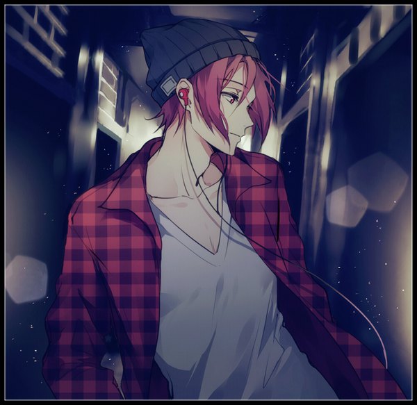 Anime picture 1000x972 with free! kyoto animation matsuoka rin kurasaki ken single short hair looking away pink hair upper body profile pink eyes open shirt border plaid casual boy shirt headphones cap checkered shirt