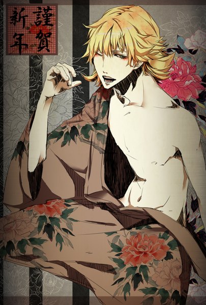Anime picture 1377x2039 with tiger & bunny sunrise (studio) barnaby brooks jr. moka (kagaribi karasu) single tall image short hair open mouth light erotic blonde hair sitting bare shoulders green eyes nipples traditional clothes japanese clothes one eye closed wink off shoulder floral print
