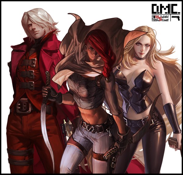 Anime picture 1400x1335 with devil may cry capcom dante (devil may cry) trish lucia (devil may cry) e09etm long hair looking at viewer fringe short hair breasts blue eyes blonde hair standing white background bare shoulders multiple girls brown eyes white hair nail polish