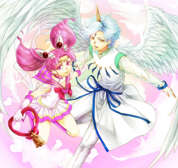 Anime picture 1234x1170 with bishoujo senshi sailor moon toei animation sailor chibi moon helios yu-ka (artist) long hair looking at viewer short hair twintails yellow eyes pink hair silver hair white hair pink eyes horn (horns) light smile couple spread arms pink background flying