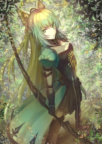 Anime picture 1000x1414 with fate (series) fate/grand order fate/apocrypha type-moon atalanta (fate) kaze minoru so-ru single long hair tall image looking at viewer fringe blonde hair standing holding green eyes animal ears ahoge multicolored hair green hair from above