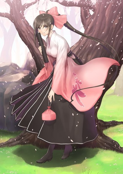 Anime picture 1281x1815 with shining (series) shining blade maxima enfield tony taka single long hair tall image looking at viewer fringe breasts smile brown hair standing holding brown eyes absurdres ponytail traditional clothes scan official art