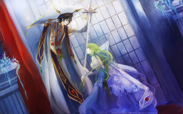 Anime picture 1920x1200 with code geass sunrise (studio) c.c. lelouch lamperouge shigemitsubaki highres wide image signed wallpaper girl boy