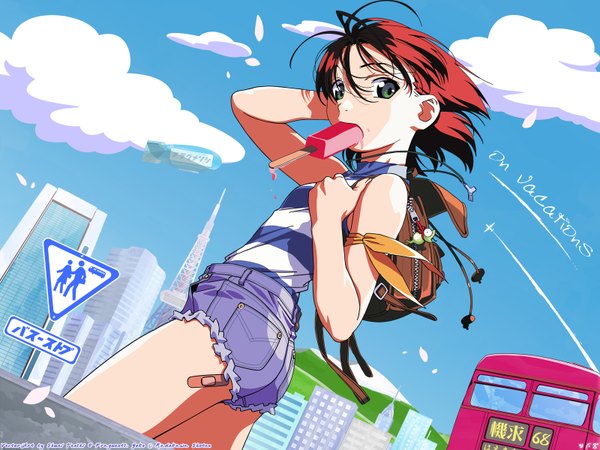 Anime picture 1600x1200 with starship girl yamamoto yohko sunrise (studio) yamamoto youko watanabe akio single looking at viewer short hair brown hair green eyes sky cloud (clouds) looking back wind wallpaper vector third-party edit girl food shorts sweets