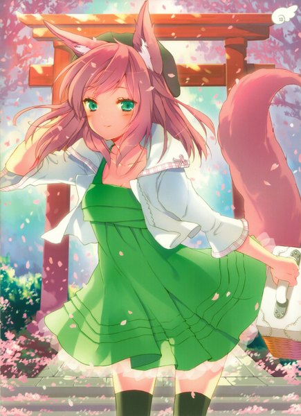 Anime picture 2620x3609 with original cuteg tall image highres short hair smile brown hair green eyes animal ears animal tail scan fox ears fox tail girl thighhighs black thighhighs petals beret torii