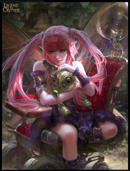 Anime picture 1000x1317 with legend of the cryptids yu-han single long hair tall image fringe red eyes sitting twintails pink hair lips pointy ears lipstick looking down red lipstick mechanical girl dress boots