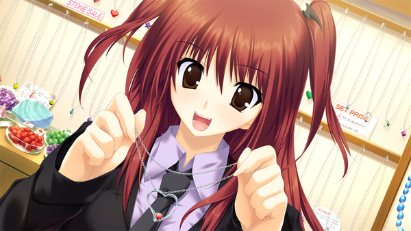 Anime picture 1024x576 with nekonade distortion nanakase yui long hair open mouth wide image twintails brown eyes game cg red hair short twintails happy girl chain