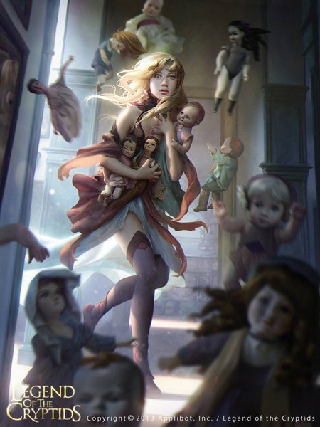 Anime picture 750x1000 with legend of the cryptids janaschi (artist) single long hair tall image blonde hair holding signed indoors parted lips lips blurry realistic inscription depth of field copyright name fantasy running scared girl