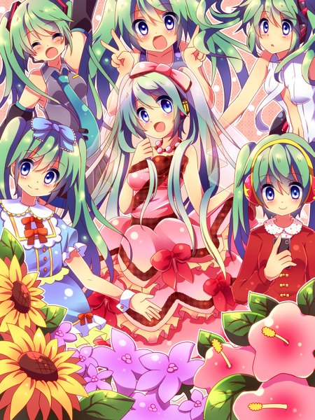 Anime picture 1125x1500 with vocaloid vocaloid append hatsune miku hatsune miku (append) urara (sumairuclover) long hair tall image blush open mouth blue eyes twintails multiple girls aqua hair victory 6+ girls 6 girls multiple persona girl dress flower (flowers)