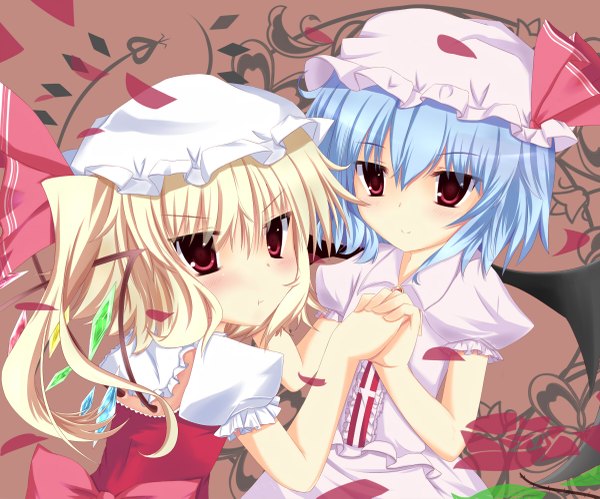 Anime picture 1200x999 with touhou flandre scarlet remilia scarlet fujieda uzuki short hair blonde hair red eyes multiple girls blue hair loli one side up holding hands girl 2 girls hat petals wings