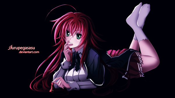 Anime picture 3500x1969 with highschool dxd rias gremory burupegasasu single long hair blush fringe highres simple background hair between eyes wide image green eyes signed looking away full body ahoge bent knee (knees) red hair lying parted lips