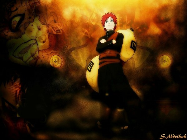 Anime picture 1024x768 with naruto studio pierrot naruto (series) gaara short hair open mouth standing green eyes signed full body red hair blurry depth of field wallpaper looking up crossed arms multiview jinchuriki forehead mark boy