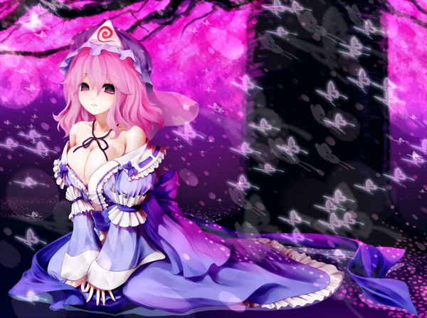 Anime picture 1419x1056 with touhou saigyouji yuyuko akira b single short hair pink hair pink eyes girl dress plant (plants) tree (trees) insect butterfly bonnet