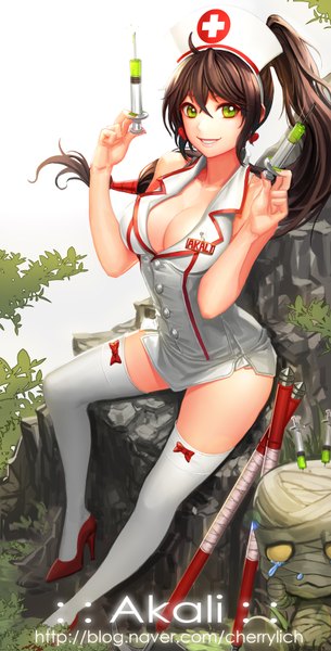 Anime picture 1788x3508 with league of legends akali (league of legends) amumu (league of legends) ake (cherrylich) single long hair tall image looking at viewer highres light erotic brown hair bare shoulders green eyes cleavage ponytail nurse girl thighhighs white thighhighs nurse cap