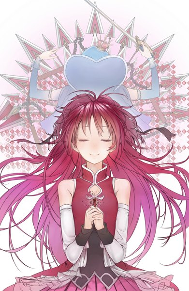 Anime picture 675x1035 with mahou shoujo madoka magica shaft (studio) sakura kyouko miki sayaka mins (minevi) long hair tall image short hair smile multiple girls blue hair ponytail red hair eyes closed hands clasped back to back magical girl girl dress ribbon (ribbons)