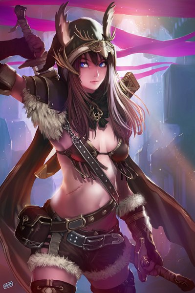 Anime picture 665x1000 with original brick (artist) single long hair tall image looking at viewer fringe blue eyes light erotic brown hair standing signed animal ears sunlight bare belly arm behind back sheathed girl gloves navel