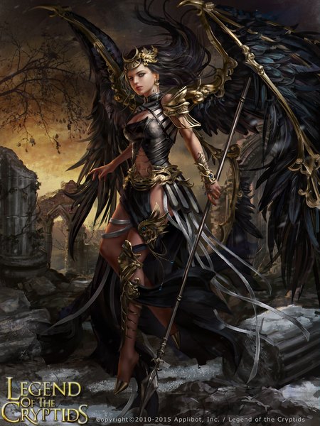 Anime picture 735x980 with legend of the cryptids zesperia (legend of the cryptids ) laura sava (anotherwanderer) single long hair tall image breasts blue eyes black hair lips midriff ruins girl hair ornament weapon earrings wings jewelry spear pillar