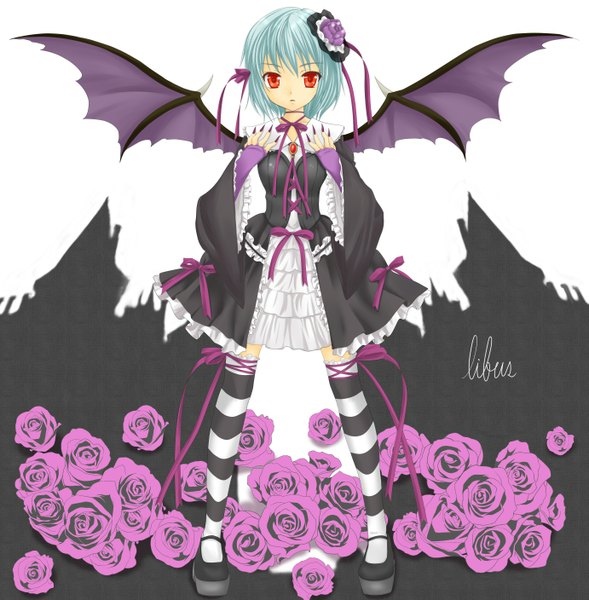 Anime picture 1381x1408 with touhou remilia scarlet libus (artist) single tall image short hair red eyes blue hair nail polish fingernails loli long fingernails bat wings girl thighhighs dress flower (flowers) wings rose (roses) striped thighhighs