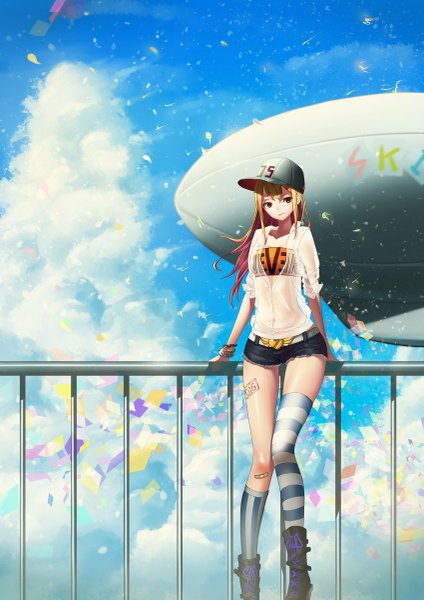 Anime picture 849x1200 with original catcan single long hair tall image looking at viewer blonde hair brown eyes sky cloud (clouds) girl thighhighs shorts short shorts striped thighhighs single thighhigh baseball cap aircraft dirigible