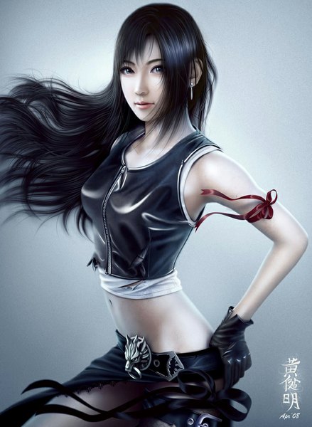 Anime picture 731x1000 with final fantasy square enix tifa lockhart mario wibisono (raynkazuya) single long hair tall image black hair simple background lips realistic midriff grey eyes torn clothes girl gloves navel ribbon (ribbons) earrings crop top