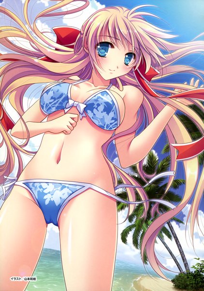 Anime picture 2464x3500 with denkigai matsuri 2014 summer in shinjuku (artbook) yamamoto kazue single long hair tall image looking at viewer blush highres breasts blue eyes light erotic blonde hair official art girl navel ribbon (ribbons) swimsuit plant (plants) hair ribbon bikini