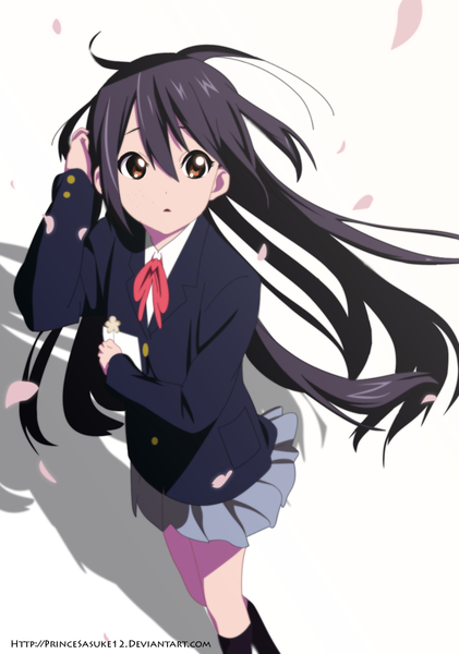 Anime picture 869x1239 with k-on! kyoto animation nakano azusa akira-12 single long hair tall image black hair simple background white background brown eyes pleated skirt from above shadow coloring girl skirt uniform school uniform petals
