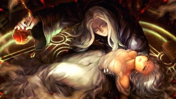 Anime picture 2560x1440 with dragon's crown vanillaware long hair highres wide image bare shoulders holding cleavage white hair lying eyes closed sleeping girl dress boy white dress book (books) mantle room