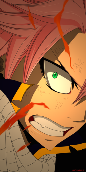 Anime picture 1000x1989 with fairy tail natsu dragneel shoenengz single tall image short hair green eyes pink hair grin coloring magic close-up face angry boy scarf