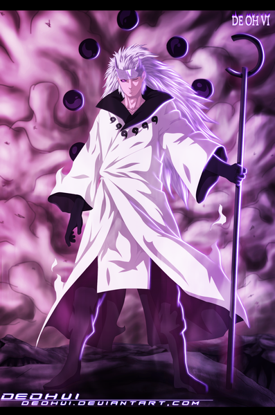 Anime picture 1684x2541 with naruto studio pierrot naruto (series) uchiha madara deohvi single long hair tall image purple eyes white hair coloring magic letterboxed smoke dust rinnegan boy cloak staff