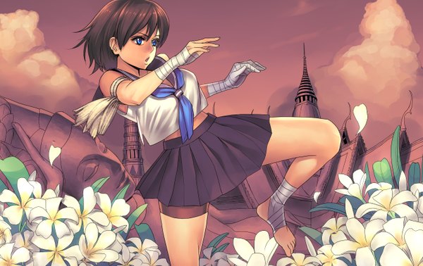 Anime picture 1340x846 with original ogami single short hair blue eyes brown hair bare shoulders legs fighting stance girl skirt flower (flowers) bandage (bandages) sailor suit