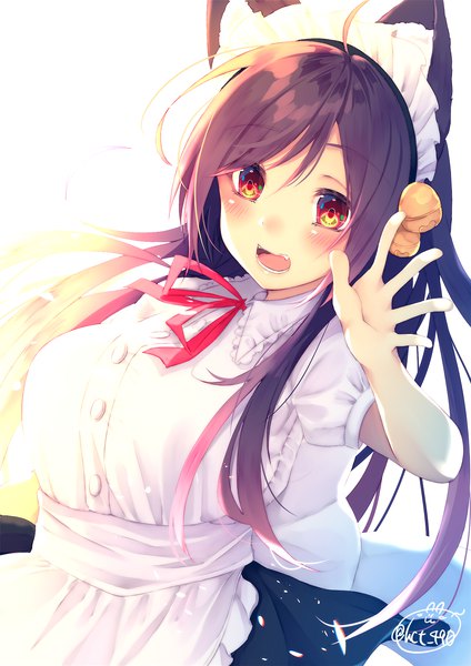 Anime picture 1414x2000 with original chita (ketchup) single long hair tall image looking at viewer blush fringe breasts open mouth hair between eyes brown hair brown eyes signed animal ears upper body ahoge :d short sleeves maid